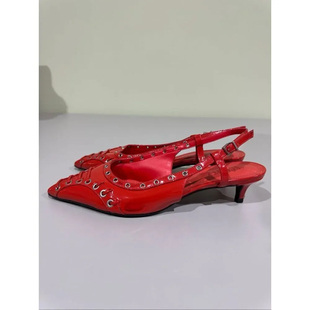 Schutz Chic Ruth 1.6” Mid Patent Leather Kitten Heel Pump Flame Scar Red 6.5